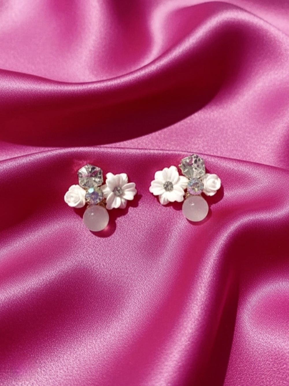 White Floral Cluster Crystal Stud Earrings